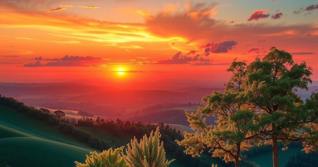 A serene landscape with rolling hills, trees, and a vibrant sunset in warm oranges and purples.