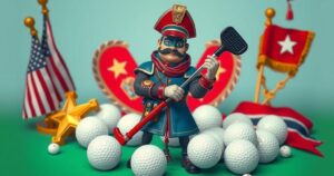 A political satire cartoon illustrating a warrior figurine juxtaposed with golf clubs, set against a backdrop of a military-themed room.
