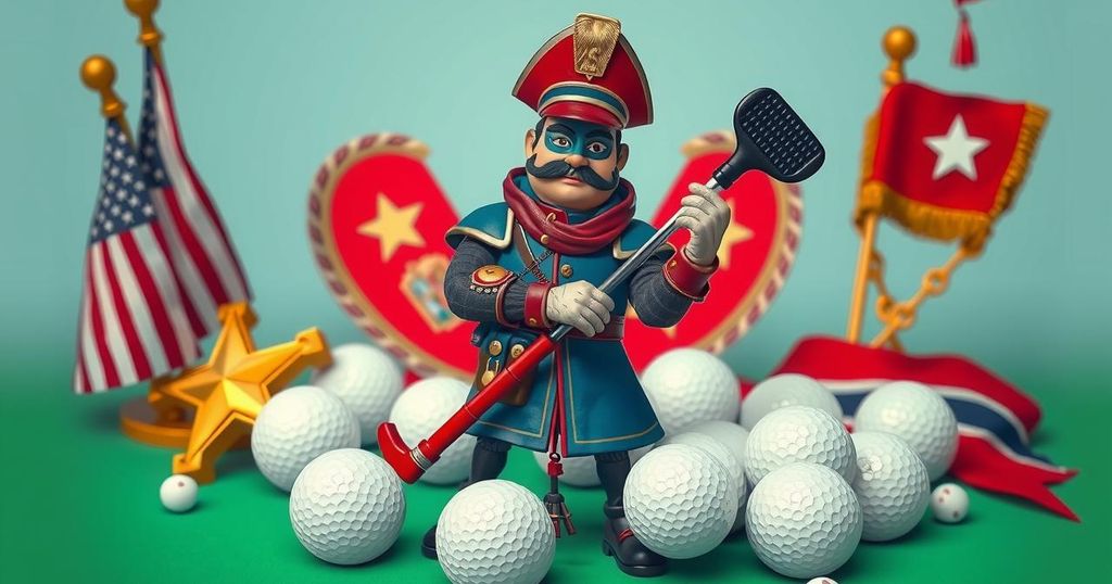 A political satire cartoon illustrating a warrior figurine juxtaposed with golf clubs, set against a backdrop of a military-themed room.