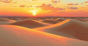 A panoramic view of a vast, serene desert landscape at sunset, with soft golden and pink hues.