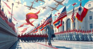 A vibrant military parade showcasing tribute to veterans with soldiers and aircraft in a festive atmosphere.