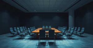 Meeting room with a solemn atmosphere, filled with empty chairs and a table, representing diplomatic talks without resolution.