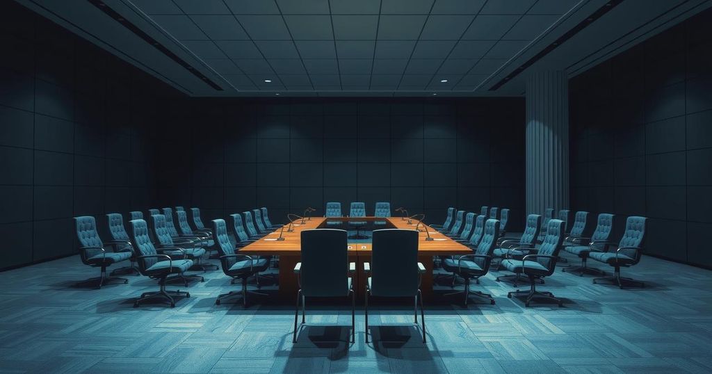 Meeting room with a solemn atmosphere, filled with empty chairs and a table, representing diplomatic talks without resolution.