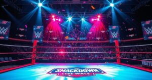 WWE SmackDown event with vibrant colors showcasing wrestling championships and excitement in Saudi Arabia.