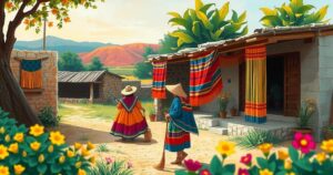 Colorful traditional scene depicting daily life in Paraguay with bright textiles and vibrant landscapes.