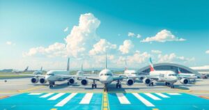 A vibrant representation of an airport with planes and clear skies, reflecting hope and readiness for travel.