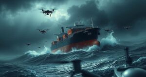 A dramatic illustration of a cargo ship under attack in the Red Sea with turbulent waves and ominous skies.