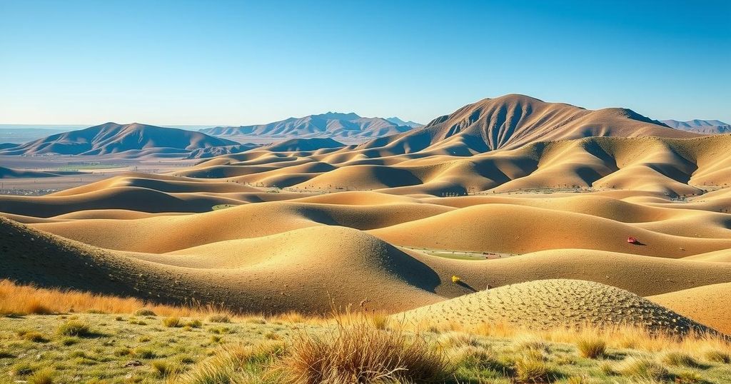 A serene landscape of an Angolan minefield, showing rolling hills and a clear blue sky, symbolizing hope and awareness.