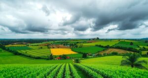 Lush green farmland in Brazil under cloudy skies, depicting agriculture amidst rainy weather.