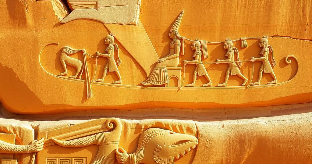Ancient Egyptian rock carving depicting a boat scene, showcasing early rulers and their significance in history.