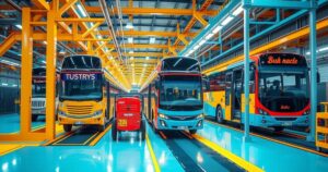Collage of buses and vehicles in a manufacturing facility with vibrant colors and geometric patterns.