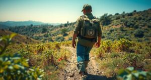 Flak jacket-clad figure in a landmine field with green landscape and blue skies, inspired by humanitarian efforts.