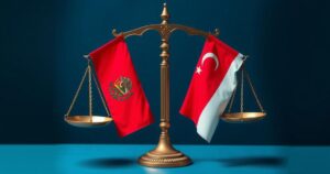 A conceptual image of two country flags with scales balancing justice, depicting international relations and drug policy.