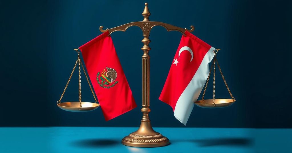 A conceptual image of two country flags with scales balancing justice, depicting international relations and drug policy.