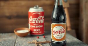 Vintage Coke bottle with cane sugar label, rustic wooden backdrop, vintage style, warm color tones.