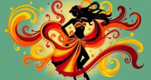 A vibrant abstract representation of belly dancing with colorful swirls and flowing shapes in warm colors.
