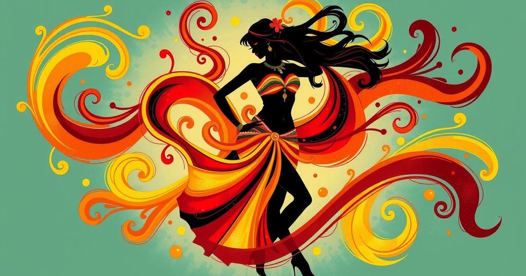 A vibrant abstract representation of belly dancing with colorful swirls and flowing shapes in warm colors.