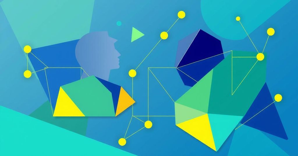 An abstract illustration representing communication and diplomacy with vibrant colors and geometric shapes.