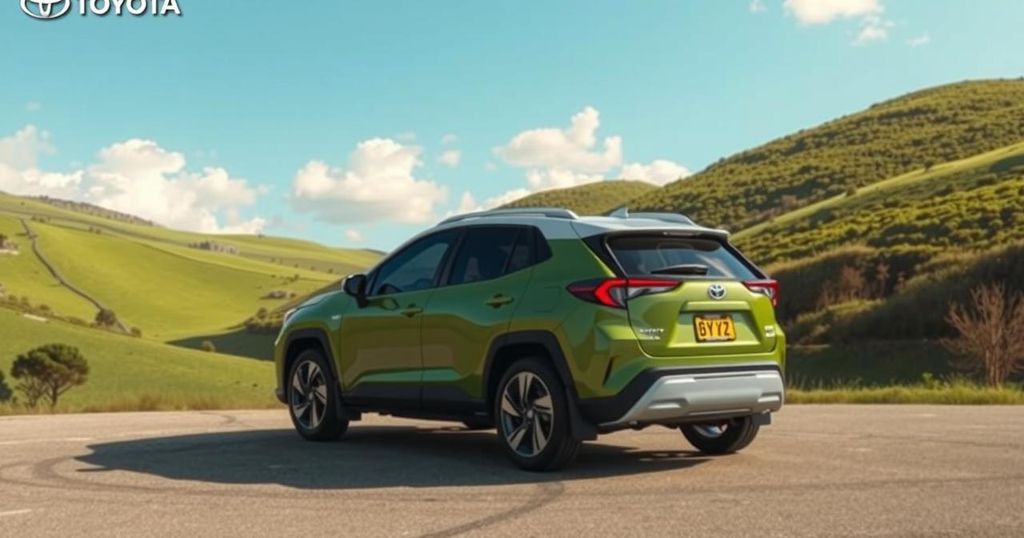 A sleek Toyota Corolla Cross in a serene landscape, surrounded by green hills and blue skies, highlighting its compact SUV design.