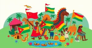 Suriname's political landscape features vibrant colorful flags and symbols representing diverse cultures and unity.
