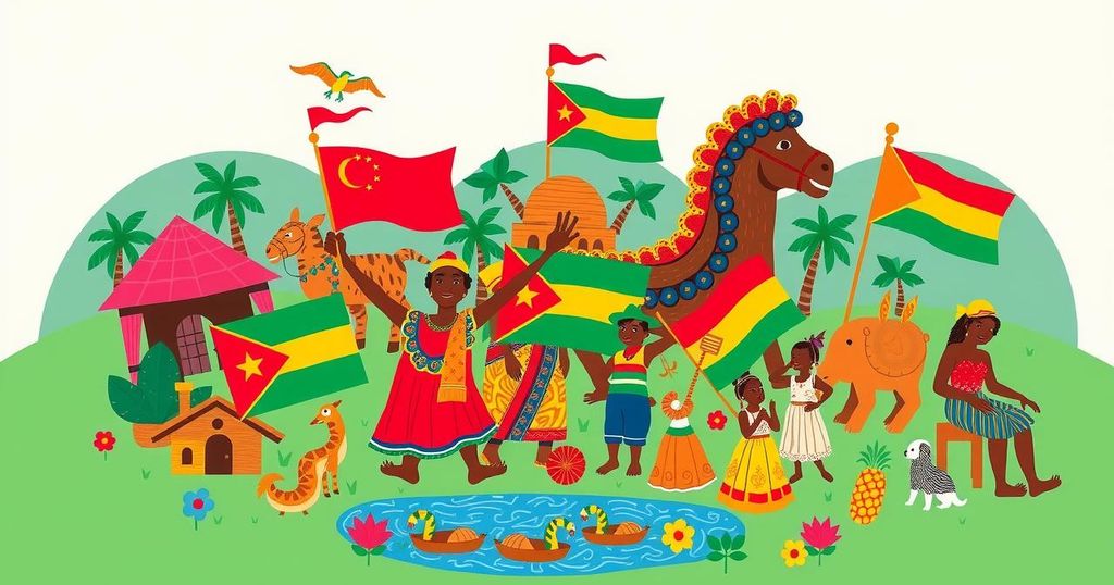 Suriname's political landscape features vibrant colorful flags and symbols representing diverse cultures and unity.
