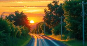 A serene landscape depicting a tranquil road with lush greenery under a sunset sky, in warm color tones.