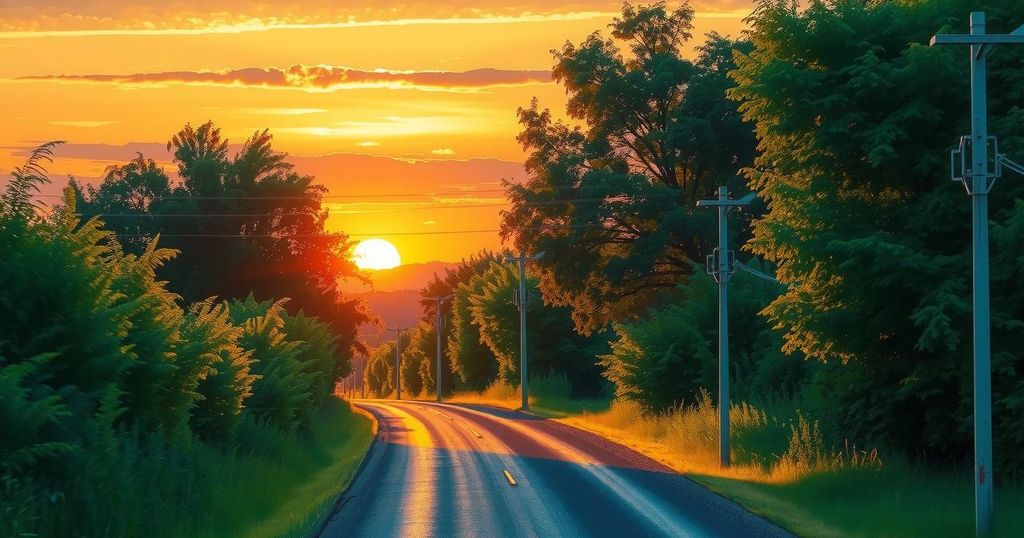 A serene landscape depicting a tranquil road with lush greenery under a sunset sky, in warm color tones.