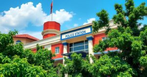 A police station in Monrovia with a sign, surrounded by trees and a blue sky.