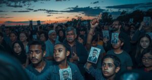 A somber scene of a large gathering with people holding photos, expressing unity and defiance in a twilight setting.