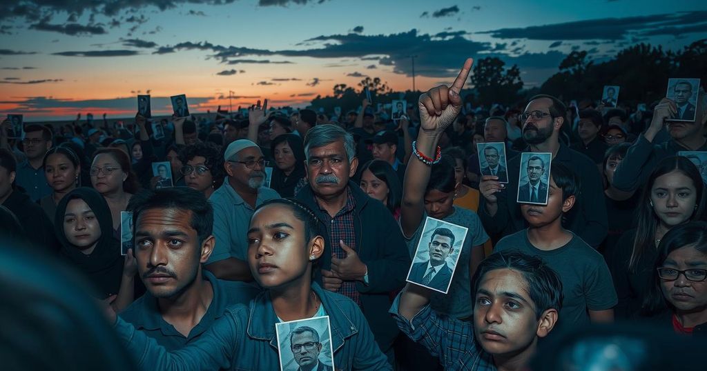 A somber scene of a large gathering with people holding photos, expressing unity and defiance in a twilight setting.