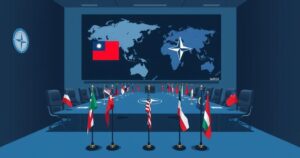 A tense political meeting scene with flags representing NATO and a map highlighting Taiwan and Europe in a somber color scheme.