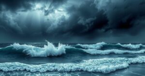 Coastal scene showing stormy ocean waves and dark clouds signaling a tropical storm.