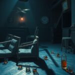 A darkened bar scene with empty chairs and spilled drinks, evoking a sense of unease and tension.