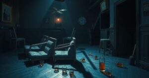 A darkened bar scene with empty chairs and spilled drinks, evoking a sense of unease and tension.