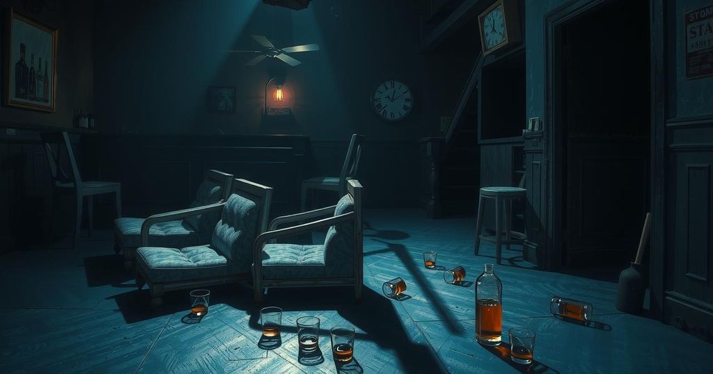 A darkened bar scene with empty chairs and spilled drinks, evoking a sense of unease and tension.