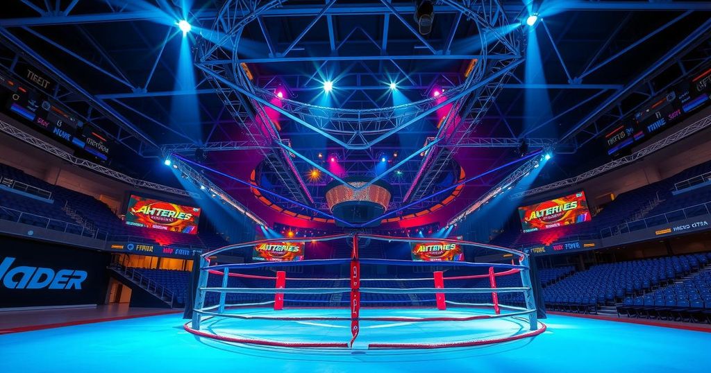 Colorful depiction of a fighting arena in Montevideo, Uruguay, showcasing a vibrant atmosphere and anticipation.