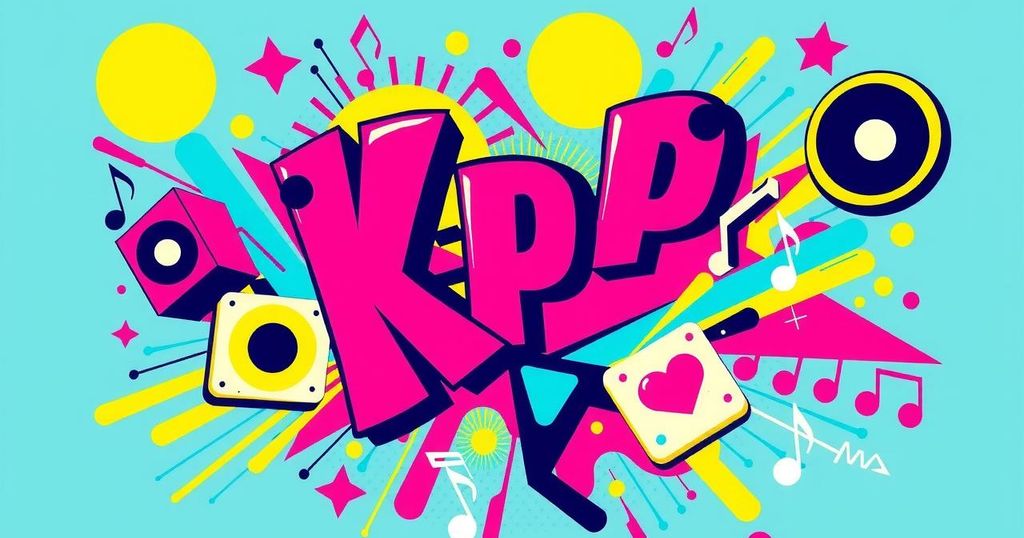 K-pop inspired art featuring vibrant colors and stylized musical elements in a dynamic, modern design.