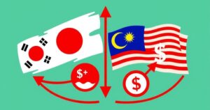 Tariffs impacting global trade with flags representing countries like Japan, South Korea, and Malaysia under red and green financial symbols.
