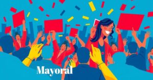 A colorful, abstract representation of a mayoral campaign with bold colors symbolizing energy and engagement.