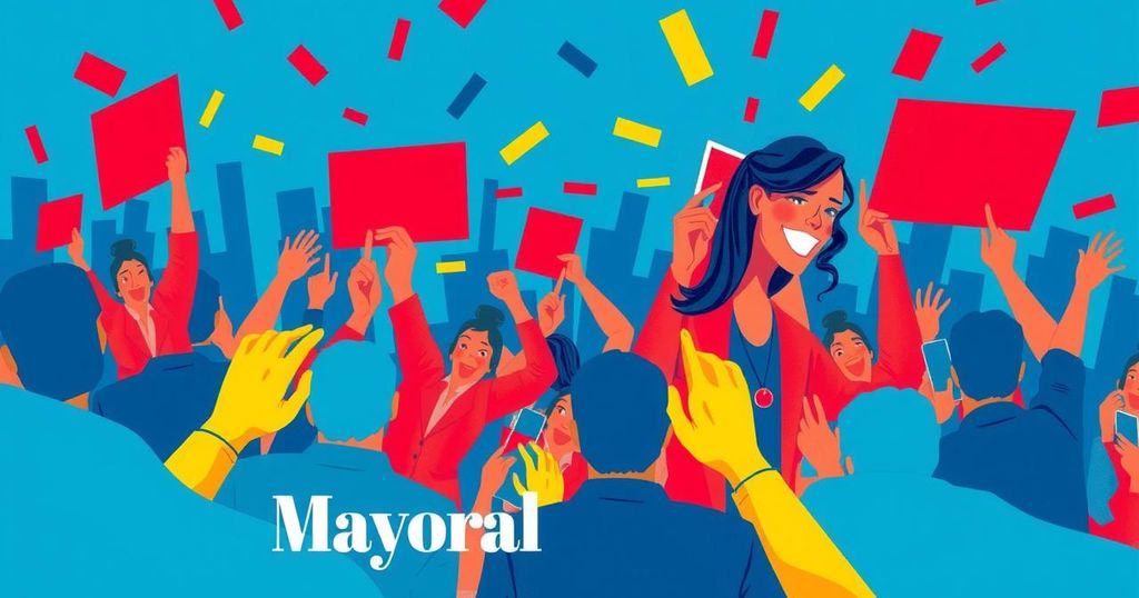 A colorful, abstract representation of a mayoral campaign with bold colors symbolizing energy and engagement.