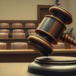 A gavel striking a sound block symbolizing justice and legal proceedings in a courtroom.