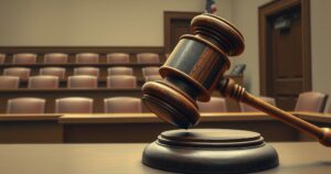 A gavel striking a sound block symbolizing justice and legal proceedings in a courtroom.