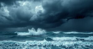 Storm clouds over coastal waters with heavy waves and rain depicting the tropical storm's impact.