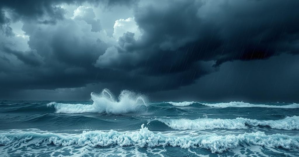 Storm clouds over coastal waters with heavy waves and rain depicting the tropical storm's impact.