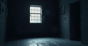 An illustration of a dark, oppressive prison environment with dim lighting and ominous shadows.