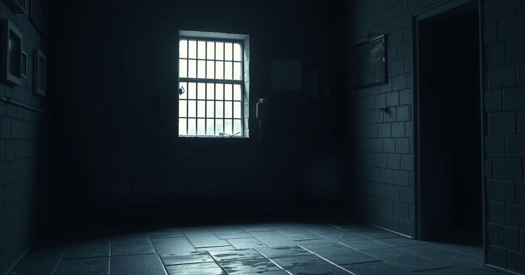 An illustration of a dark, oppressive prison environment with dim lighting and ominous shadows.