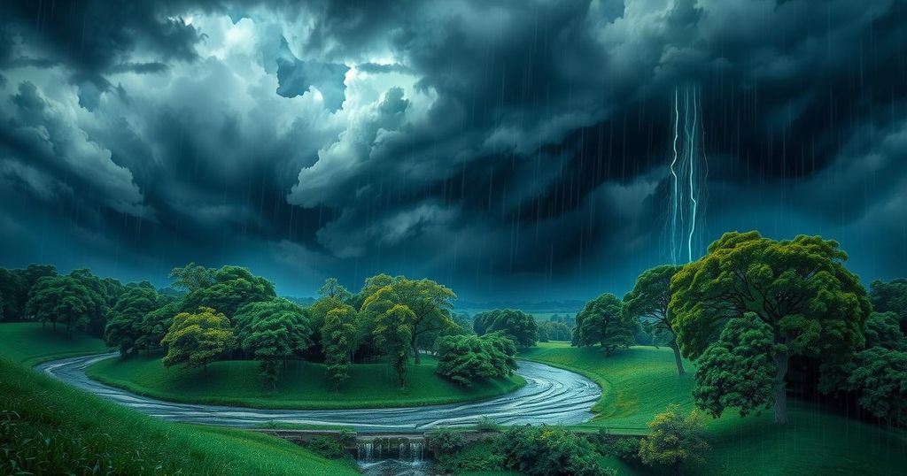 Flood watch alert with dark clouds and heavy rain over a landscape of trees and rivers.