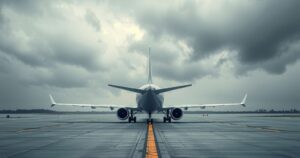 A somber scene depicting an empty airplane taxiing on a runway under a cloudy sky, symbolizing unseen journeys.