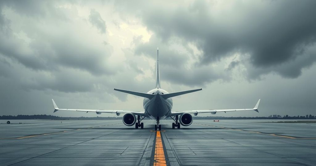 A somber scene depicting an empty airplane taxiing on a runway under a cloudy sky, symbolizing unseen journeys.