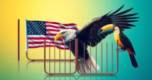 A symbolic representation of trade barriers, featuring iconic Brazilian and American elements in a contrasting color scheme.